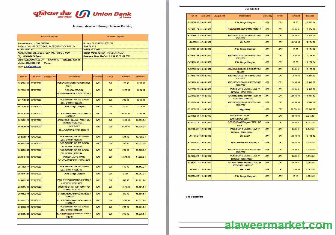 India Union Bank statement template, Word and PDF format, 2 pages